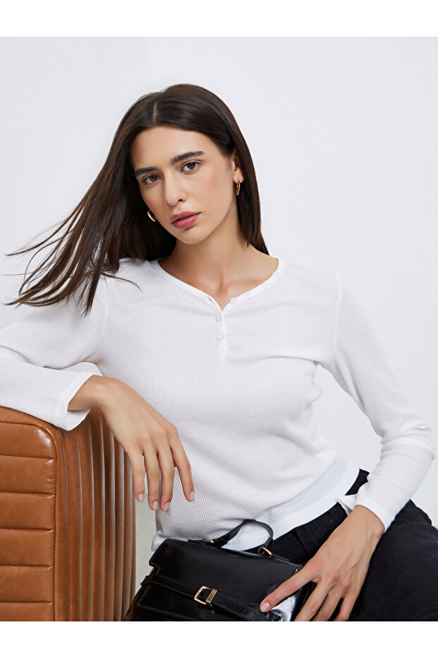 White Solid Half-Placket Waffle Knit Top - 1