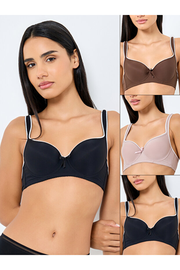 Pack of 3 - Padded Wired Contrast Tipping Balconette Bra