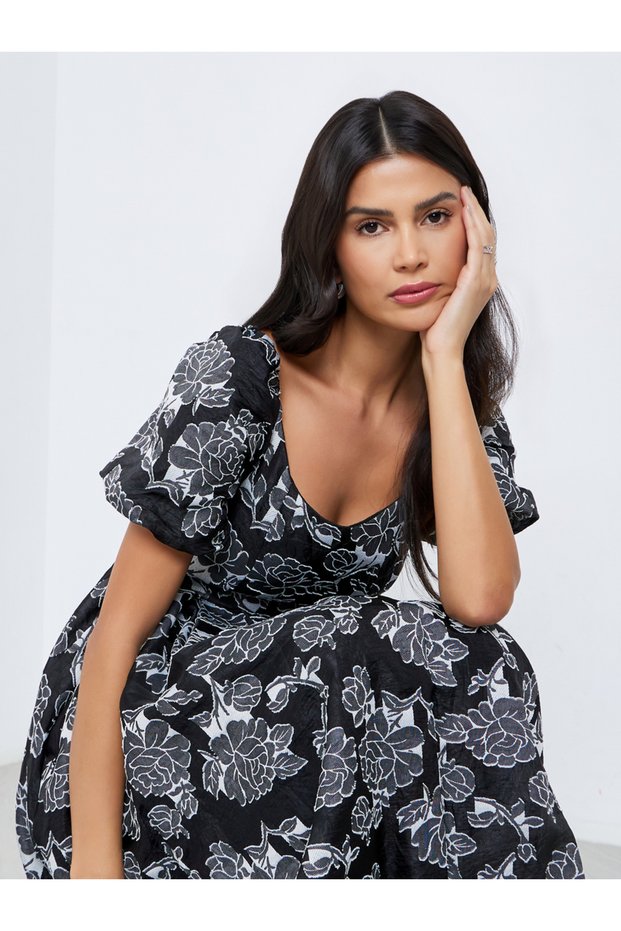 Black Floral Print Puff Sleeve Midi Dress