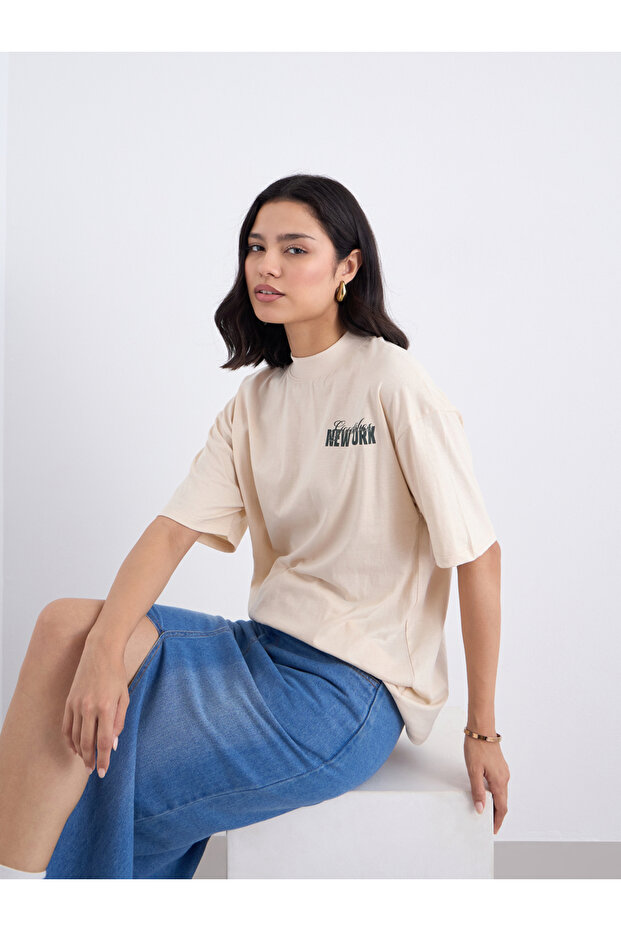 Beige Graphic Print Oversized T-Shirt