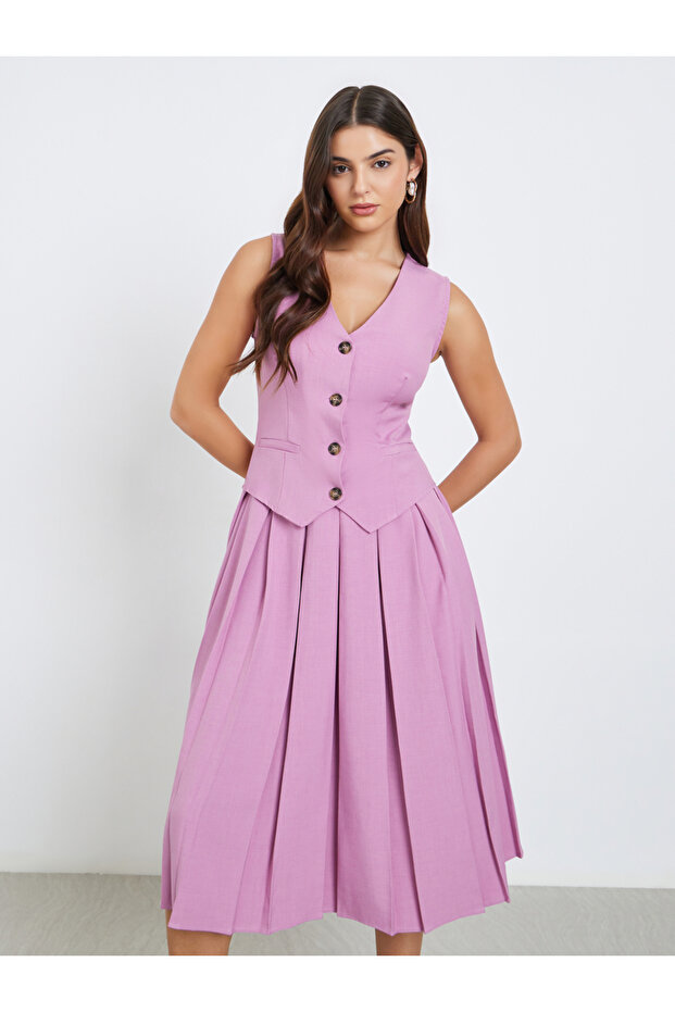 Buttoned Sleeveless Blazer Midi Dress