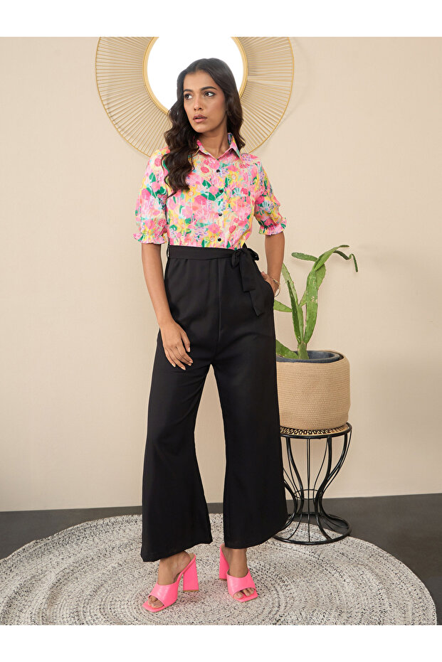 Floral Print Spread Collar Buttoned Jumpsuit