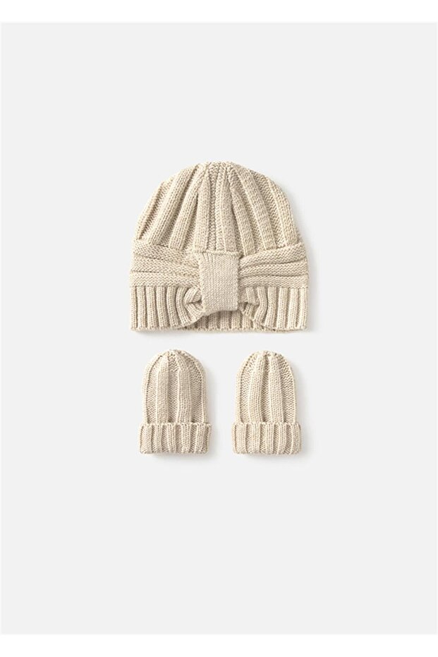 Baby Girl Hat Gloves Set Beige 9930