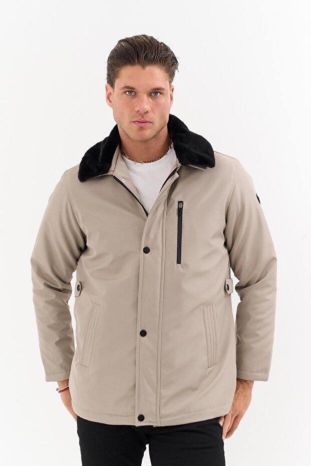 Men's Cream Collar Detachable Fur Water-Repellent Fur-Lined Coat – Windproof, Lightweight, and Durable