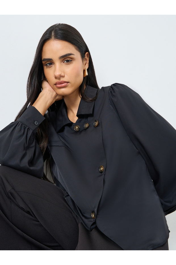 Solid Front Button Balloon Sleeve Blouse - 1