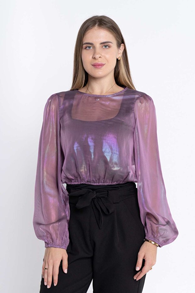 بلوزة سادة بأكمام منفوخة - 1