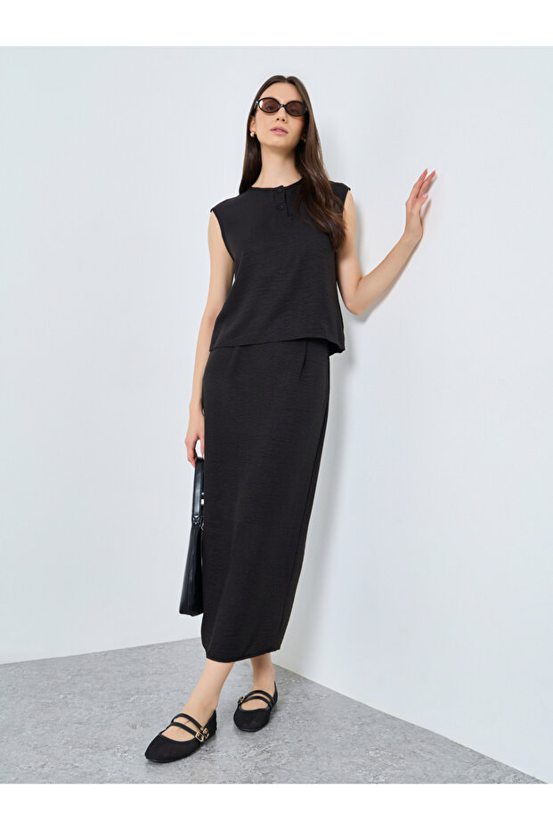 Solid Sleeveless Buttoned Top and Skirts Set - 1