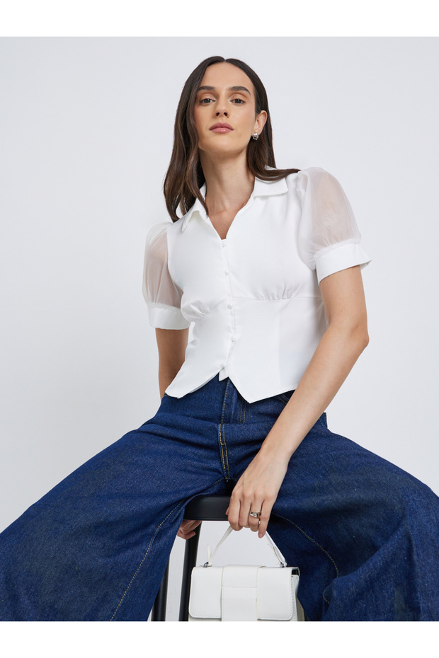 Mesh Insert Puff Sleeve Buttoned Top - 1