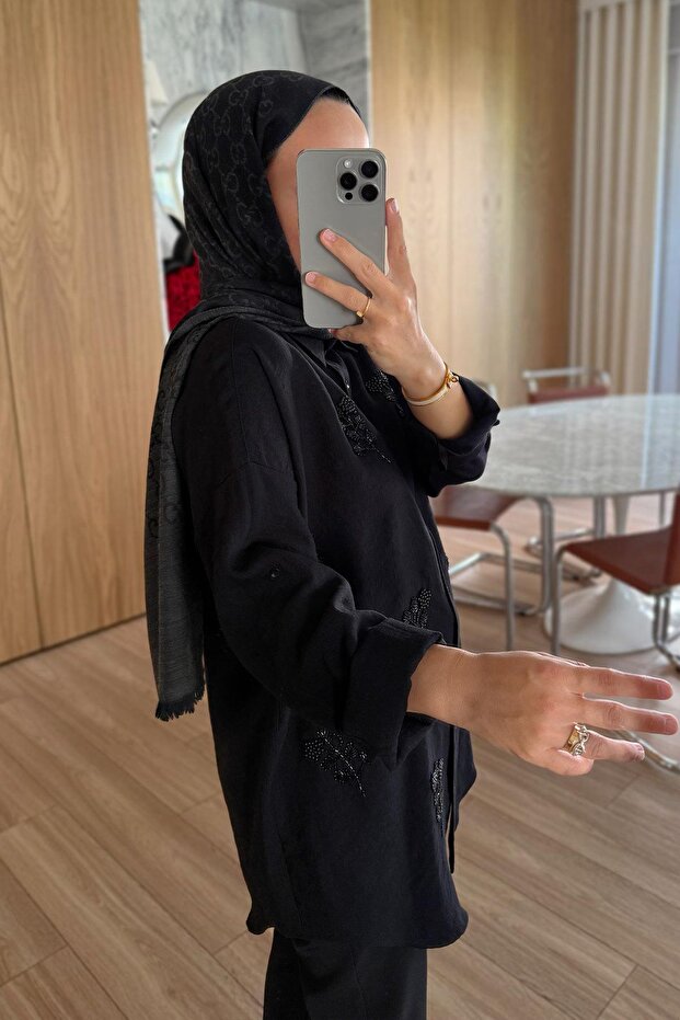 Seul Çiçek İşleme Gömlek - Siyah - 2