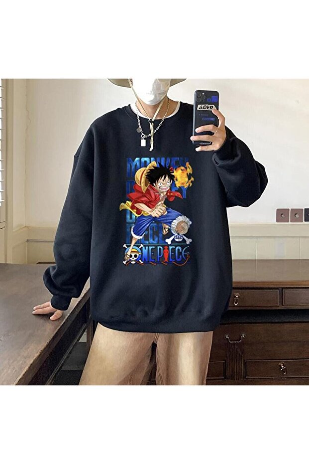 One Piece Running Printed Black Color Crew Neck Sweatshirt