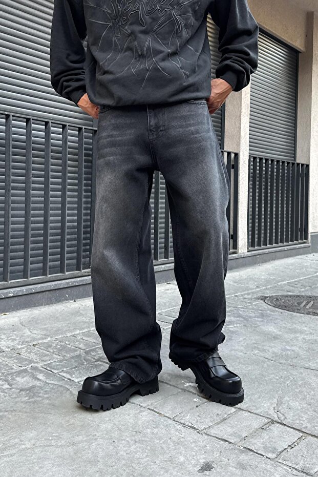 Distressed Detail Striped Baggy Jeans Black