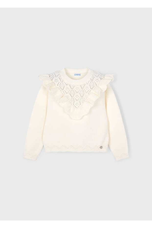 Girl's Knitted Sweater | Cream Color, Ruffle Detail (4-10 Years)