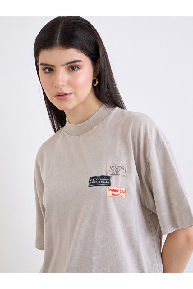 Beige Washed Oversized T-Shirt with Badge Detail
