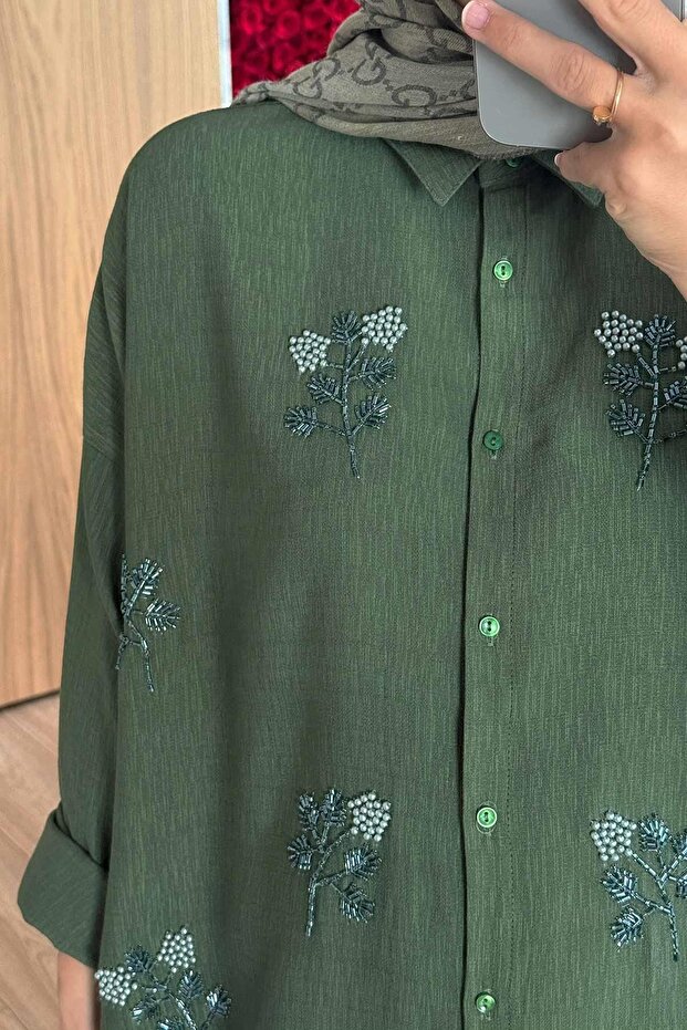 Seul Çiçek İşleme Gömlek - Haki - 2