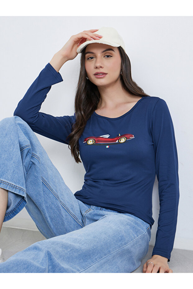 Navy Blue Long Sleeve Car Print Top