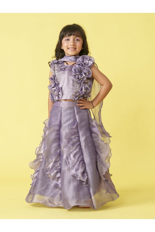Embellished Ruffle Detail Sleeveless Top and Lehenga Set with Dupatta
