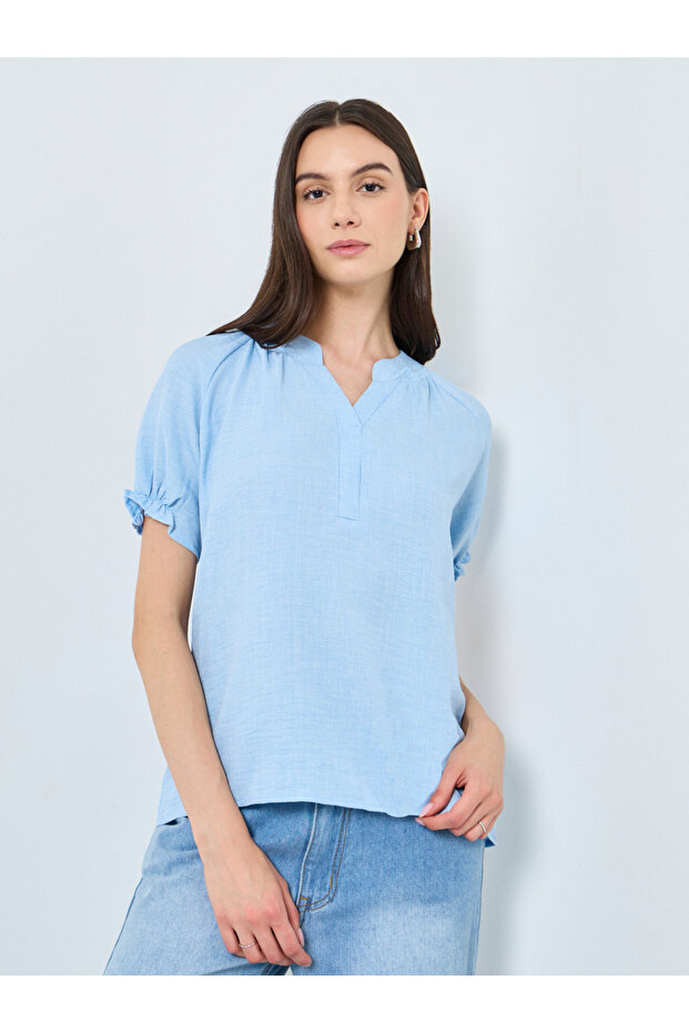 Solid V-Neck Puff Sleeve Blouse - 1