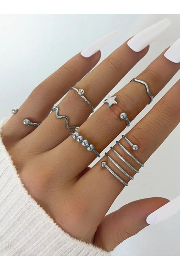 مجموعة من 7 خواتم قابلة للتعديل وحلقات مفصلية باللون الفضي - 1