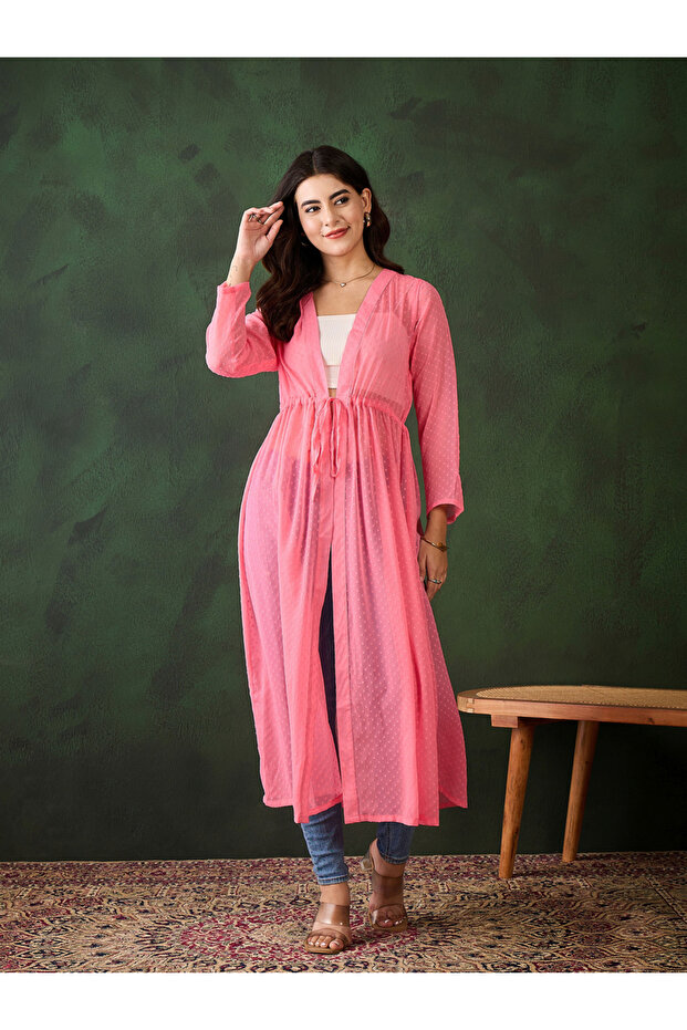 Pink Solid Chiffon Ruched Waist Shrug