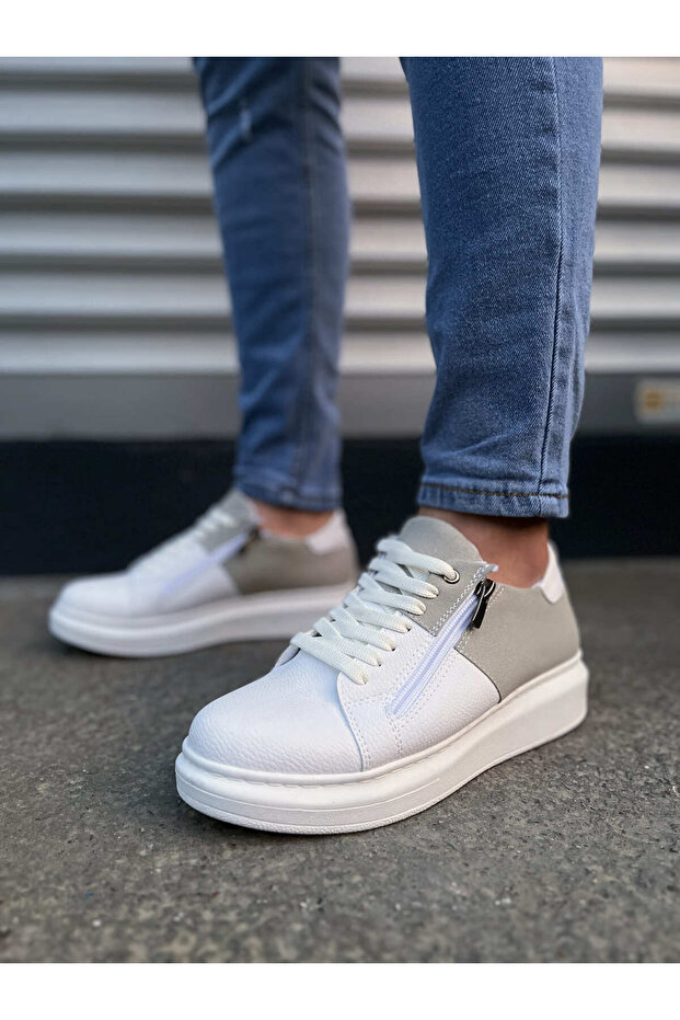 Jy155 Warrior Lace-Up & Zip Skin Suede Men's Casual Sneaker Shoes Csbt - White/Grey
