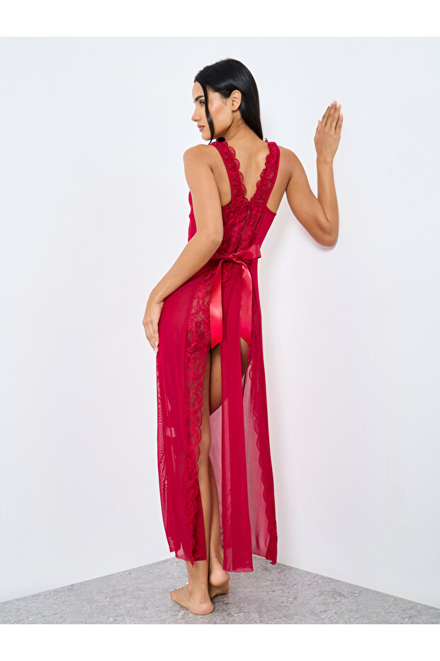 Maxi Length Slip with Bow Detail and Centre Back Opening and Lace Border