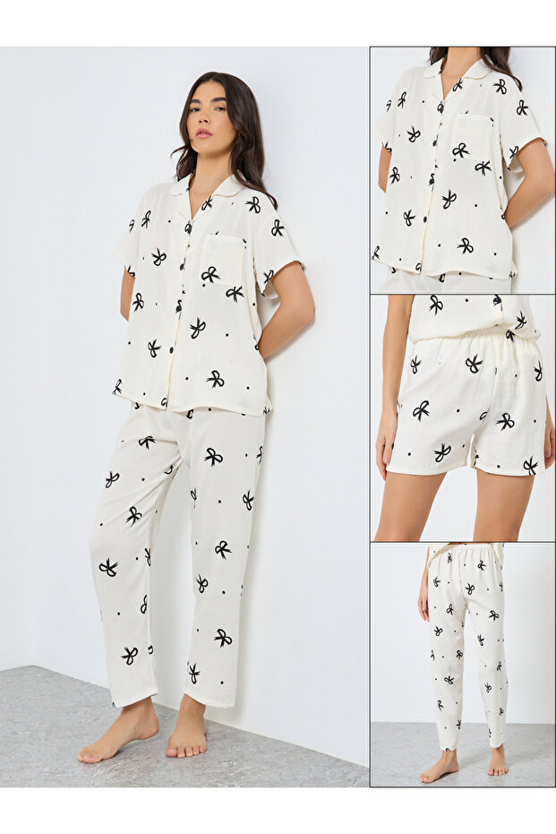 Pack of 3 - Bow Print Cotton Shirt, Shorts and Pyjama