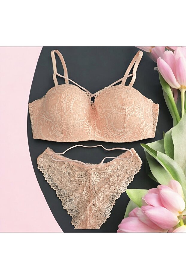 Lotus Lace Underwire Unpadded Gathered Strapless Bra Set