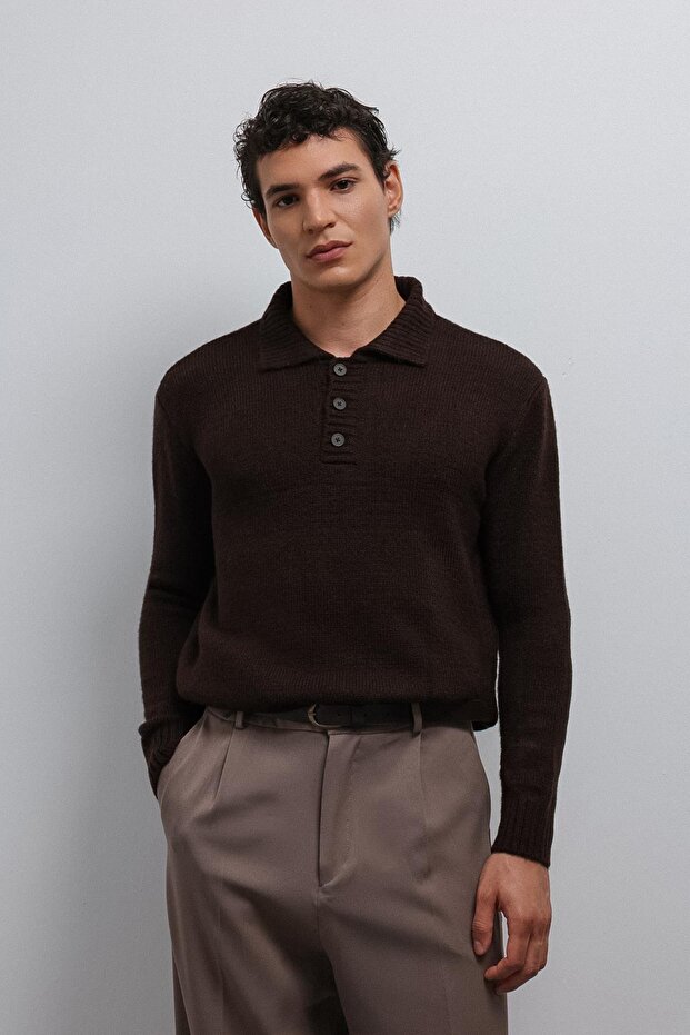 Coffee Button Collar Men's Sweater