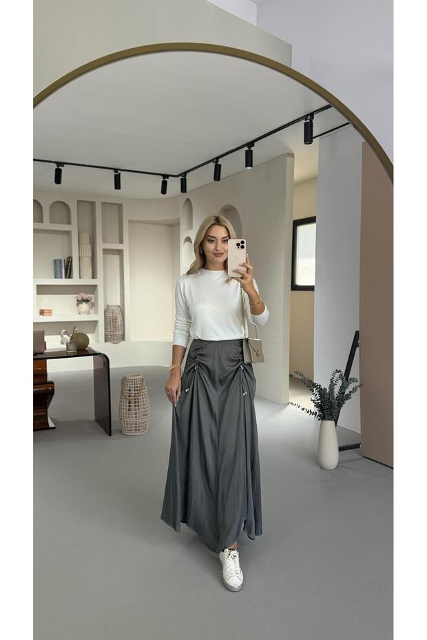 Gathered Detail Elastic Waist Wrinkled Effect Anthracite Satin Skirt