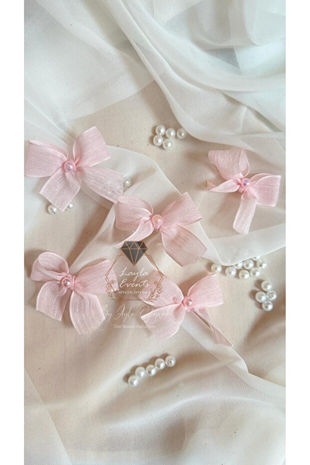 Linen Ribbon Ready-Made Bow with Pearls - 25 Pieces