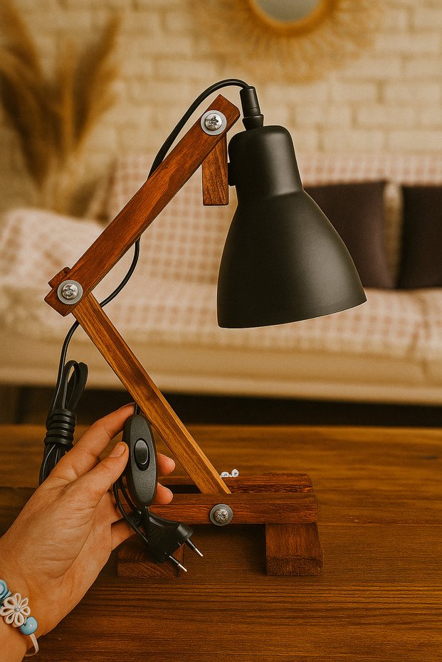 Wooden Bohemian Table Lamp Foldable with Switch 2Mt Cable Length Home Decoration Ahenk on Your Desk