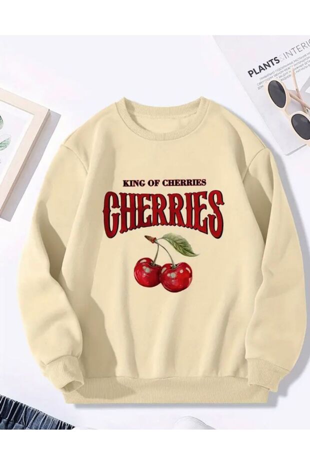 Cherries Print Detailed Crew Neck Sweatshirt with Fleece Inside