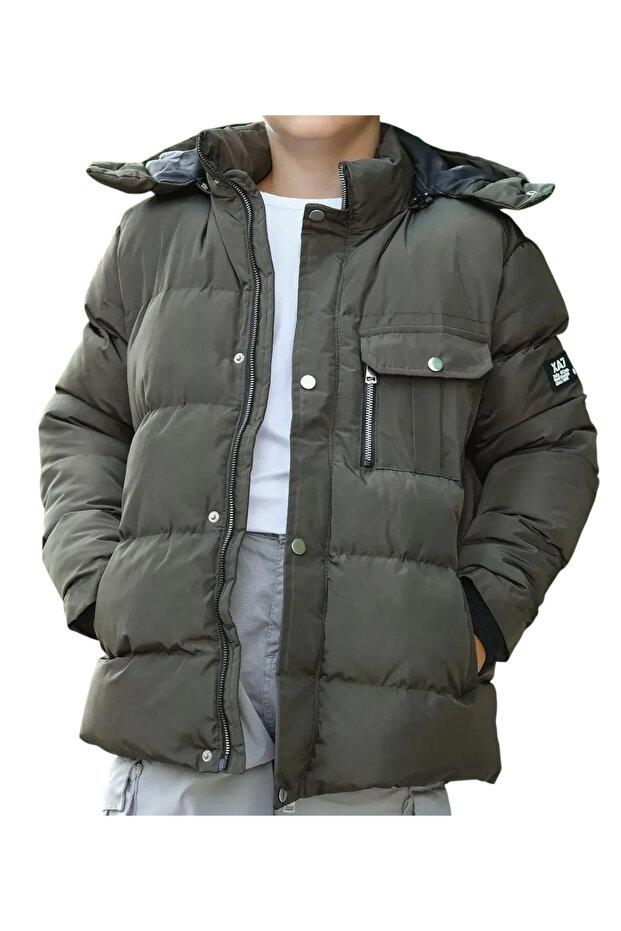 Boy's Brown Puffer Jacket with Detachable Hood, Plush Lining, and Pocket Detailing with Three Pockets