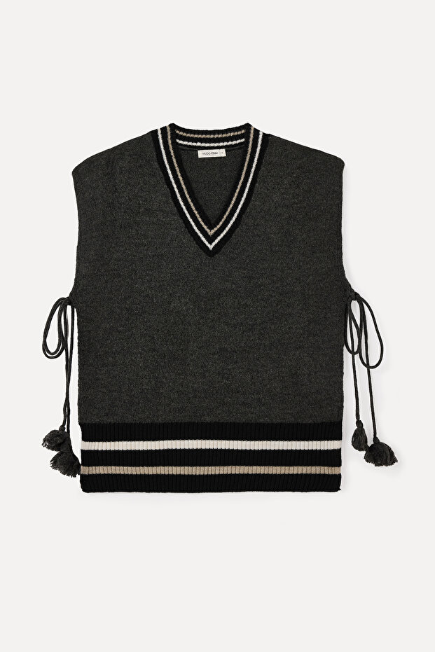 Women's Anthracite Melange V-Neck Loose Fit Tie-Up Sweater