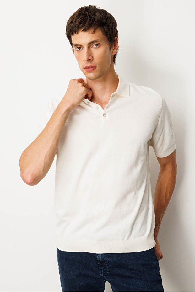 Men's Polo Neck 100% Cotton Short Sleeve Thin Knitwear Cream