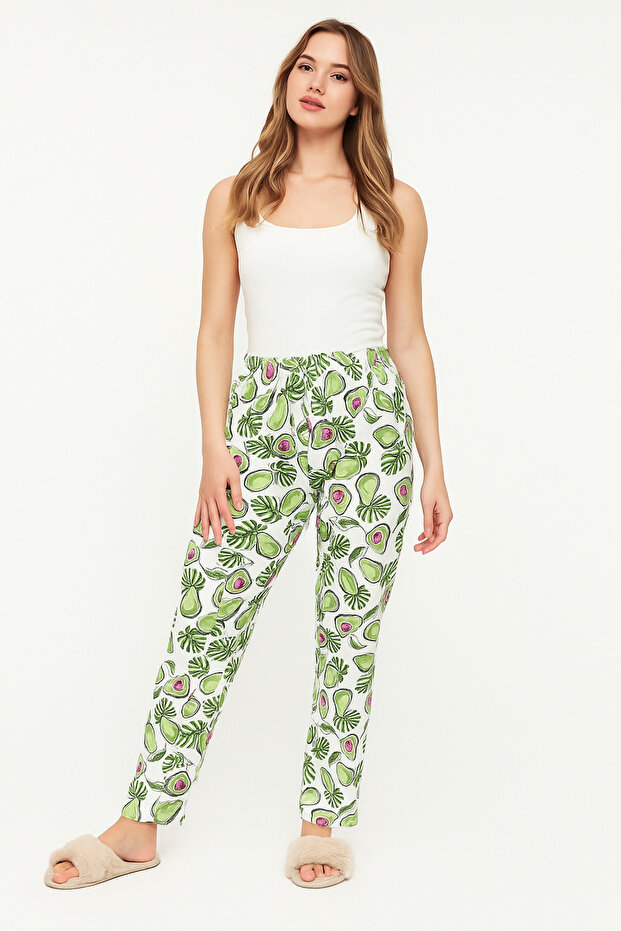 Cotton Breathable Fabric Ribbon Detailed Printed Single Pajama Bottoms