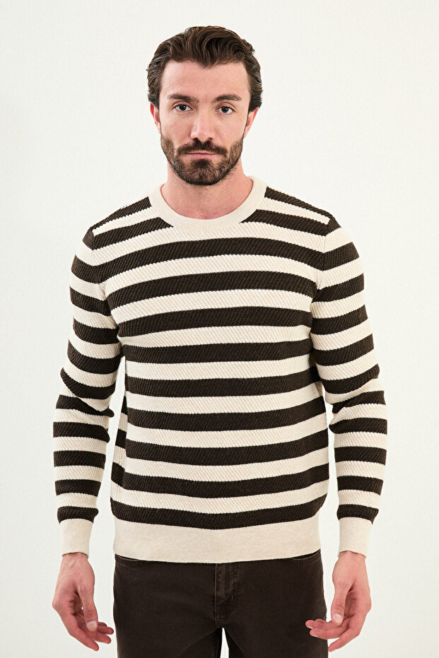 Horizontal Striped Slim Fit Crew Neck Men's Knitwear Beige-Brown - 11564.25K
