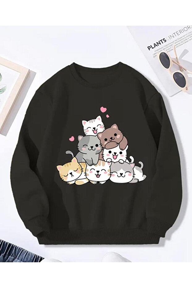 Cute Cat Detailed Crew Neck Sweatshirt with Fleece Inside
