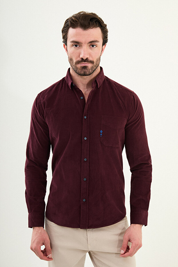 Plain Slim Fit Embroidery Detailed Velvet Men's Shirt Claret Red - 27109.25K