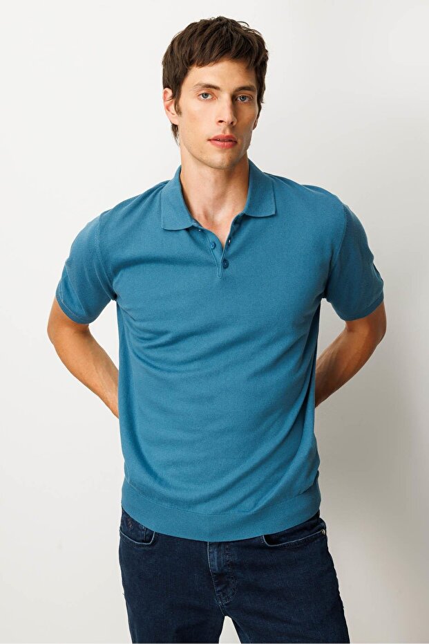 Men's Polo Neck 100% Cotton Short Sleeve Thin Knitwear Blue
