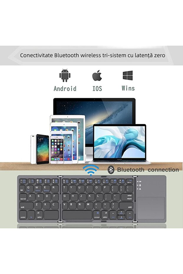 Bluetooth Wireless Keyboard with Triple Design, Touchpad, Ergonomic, Compact and Portable, Dark Gray - 2