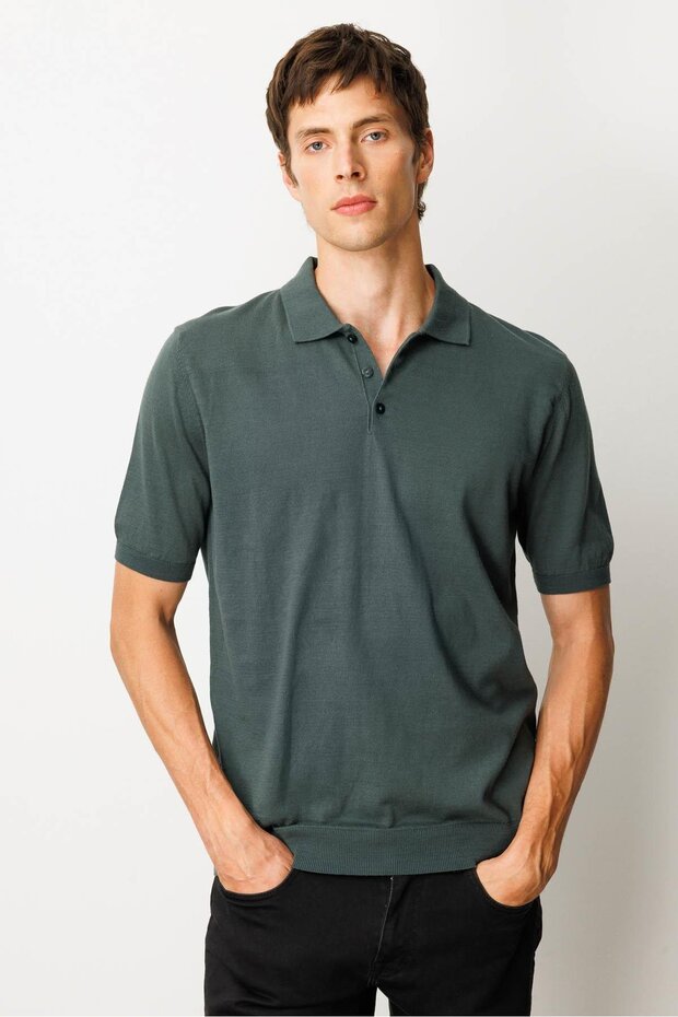 Men's Polo Neck 100% Cotton Short Sleeve Thin Knitwear Dark Green