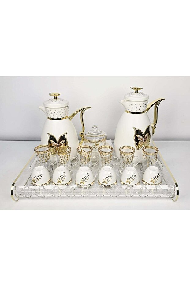 Damanhoor 22 Piece Arabic Tea and Coffee Set - Gold Thermos & Glass Cups with Tray