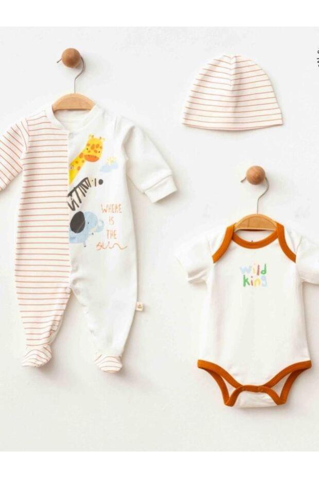 3-Piece Organic Baby Safari Patterned Hat and Romper Set