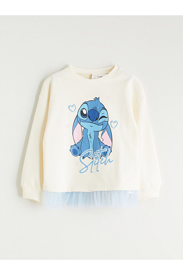 Ecru Crew Neck Stitch Printed Girl's Sweatshirt