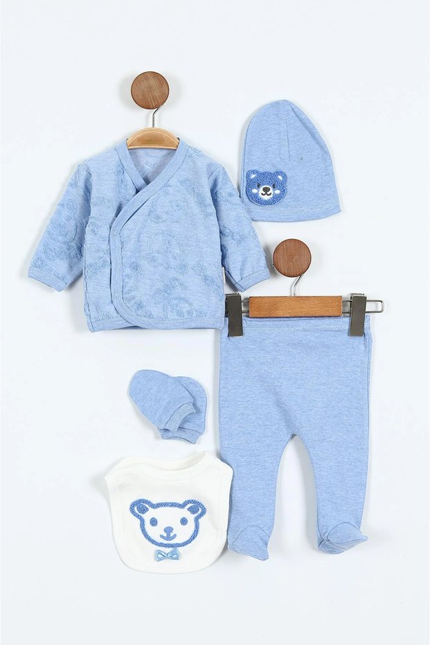 Hospital Released Organic Fabric 100% Cotton Bear Embroidered Set of 5 Gift Baby Girl and Boy Set