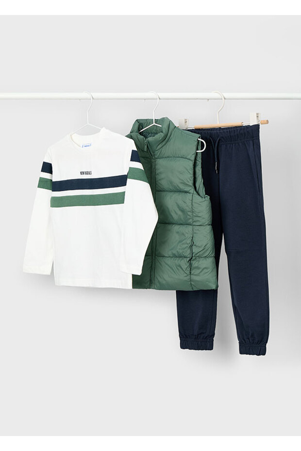 4-10 Years Old Boy's Set | White Crew Neck T-Shirt, Green Puffer Vest, Navy Blue Bottoms