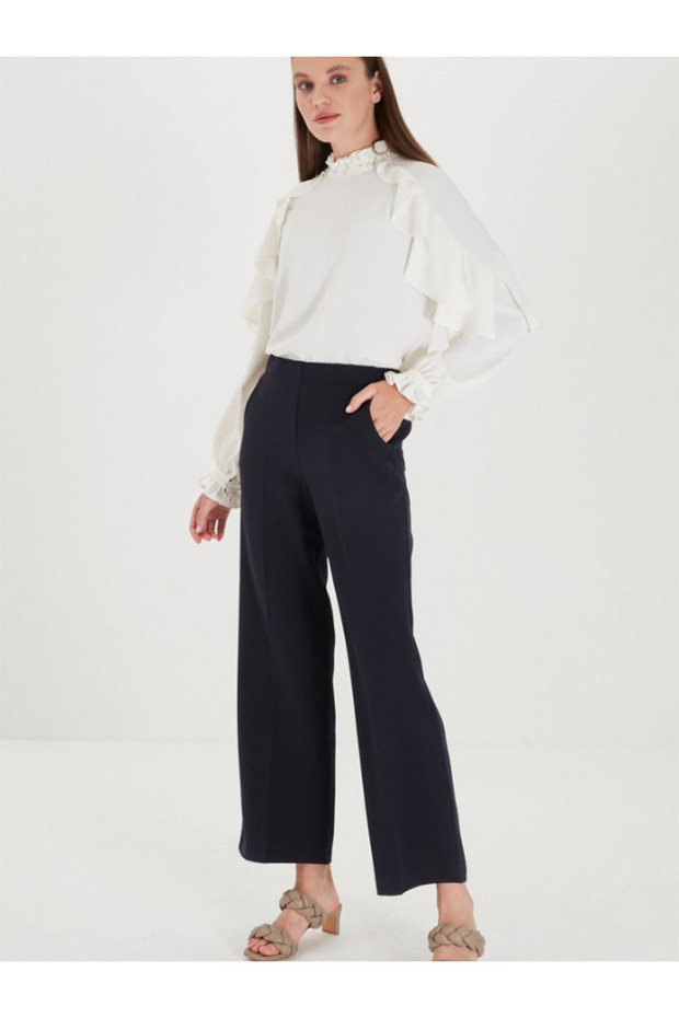 Women's Waist Elastic Detailed Wide Leg Fabric Trousers P-0102