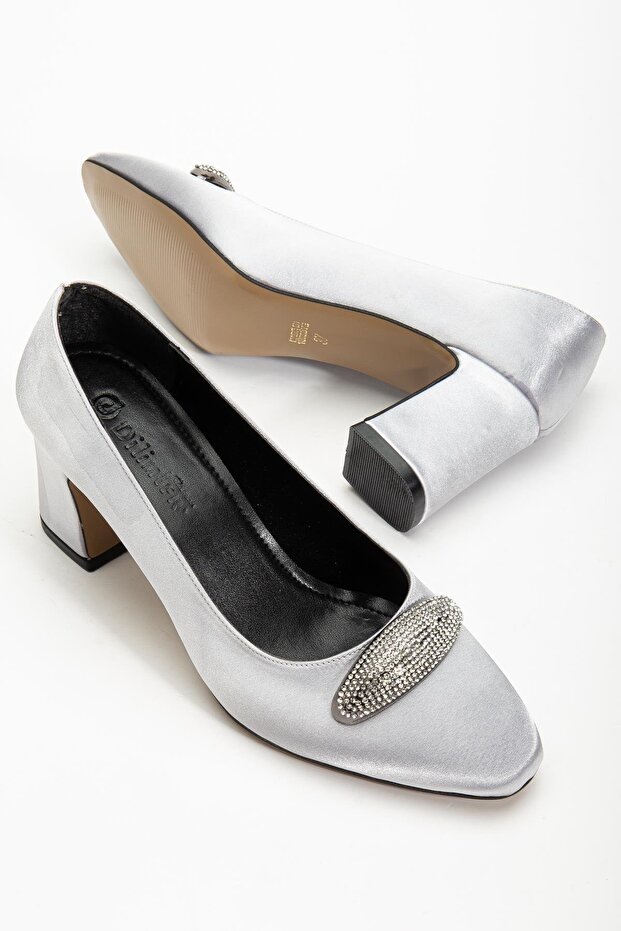 Women's Siletto Heeled Shoes Silver Satin Stone Thick Heeled