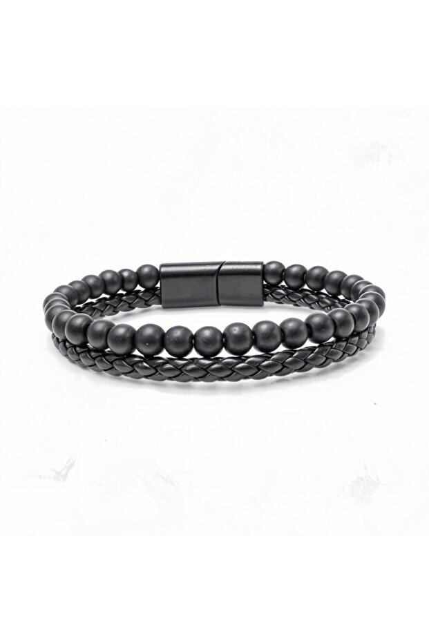 Onyx Natural Stone and Leather Men's Bracelet 31832B7D1